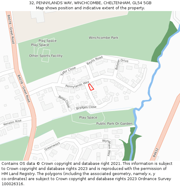 32, PENNYLANDS WAY, WINCHCOMBE, CHELTENHAM, GL54 5GB: Location map and indicative extent of plot