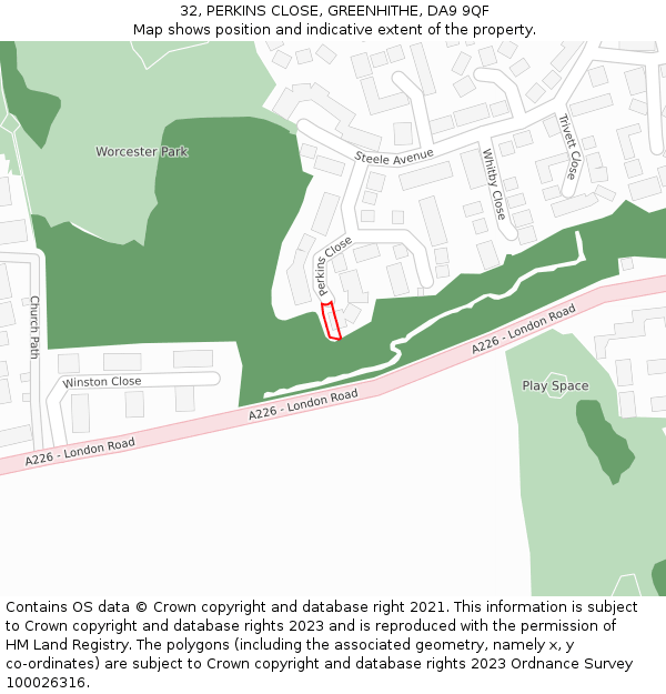 32, PERKINS CLOSE, GREENHITHE, DA9 9QF: Location map and indicative extent of plot