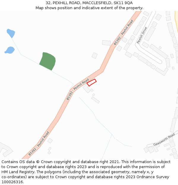 32, PEXHILL ROAD, MACCLESFIELD, SK11 9QA: Location map and indicative extent of plot