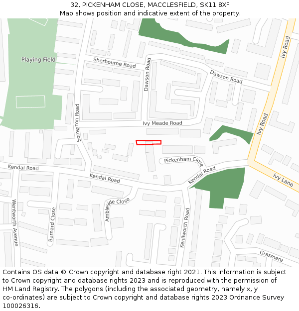 32, PICKENHAM CLOSE, MACCLESFIELD, SK11 8XF: Location map and indicative extent of plot