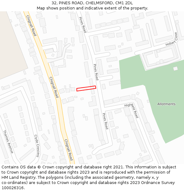 32, PINES ROAD, CHELMSFORD, CM1 2DL: Location map and indicative extent of plot
