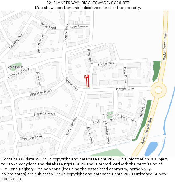 32, PLANETS WAY, BIGGLESWADE, SG18 8FB: Location map and indicative extent of plot