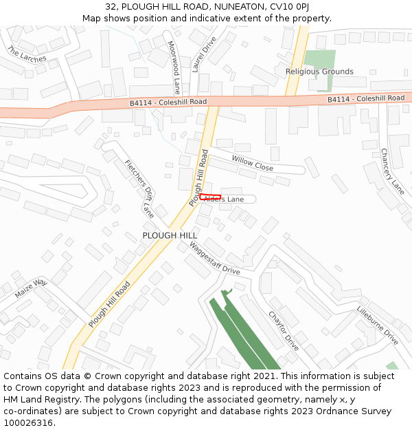 32, PLOUGH HILL ROAD, NUNEATON, CV10 0PJ: Location map and indicative extent of plot