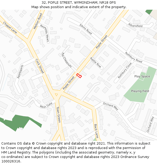 32, POPLE STREET, WYMONDHAM, NR18 0PS: Location map and indicative extent of plot