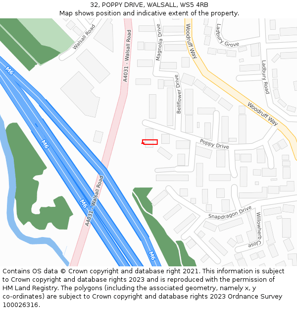 32, POPPY DRIVE, WALSALL, WS5 4RB: Location map and indicative extent of plot