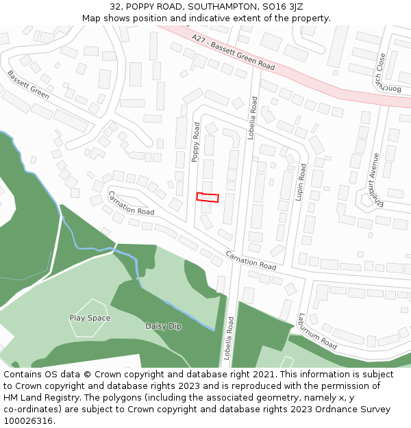 32, POPPY ROAD, SOUTHAMPTON, SO16 3JZ: Location map and indicative extent of plot