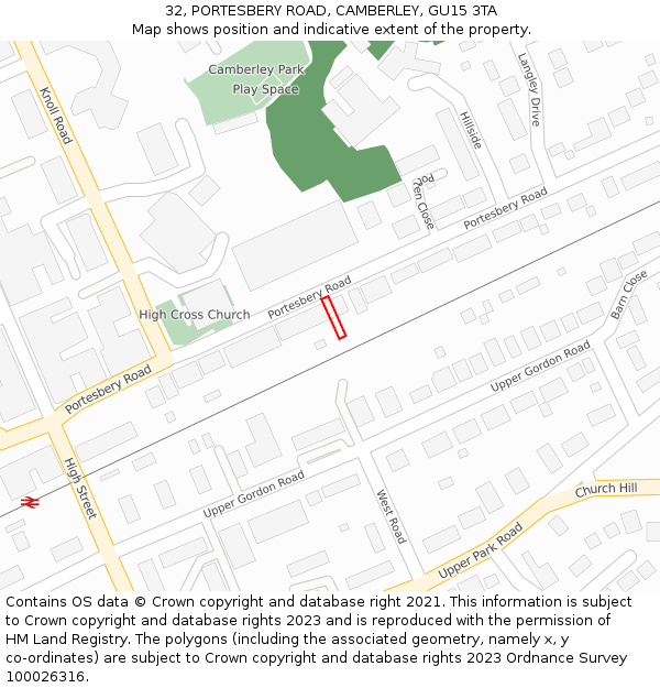 32, PORTESBERY ROAD, CAMBERLEY, GU15 3TA: Location map and indicative extent of plot