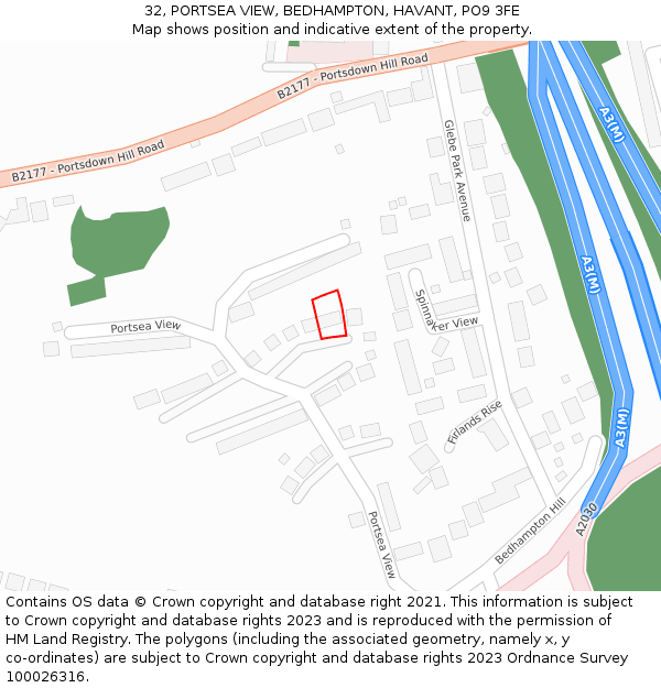 32, PORTSEA VIEW, BEDHAMPTON, HAVANT, PO9 3FE: Location map and indicative extent of plot