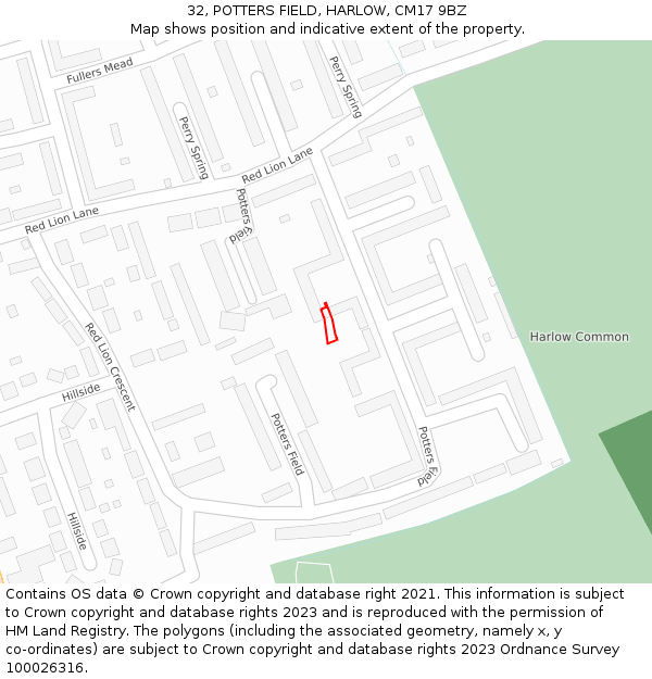 32, POTTERS FIELD, HARLOW, CM17 9BZ: Location map and indicative extent of plot