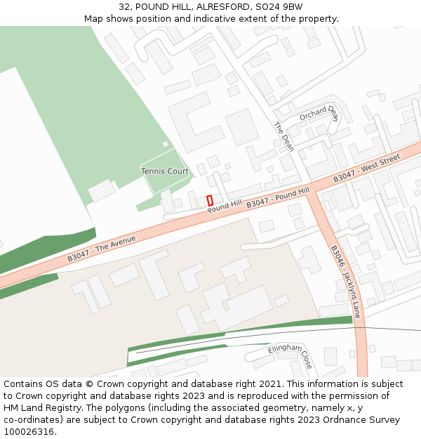 32, POUND HILL, ALRESFORD, SO24 9BW: Location map and indicative extent of plot
