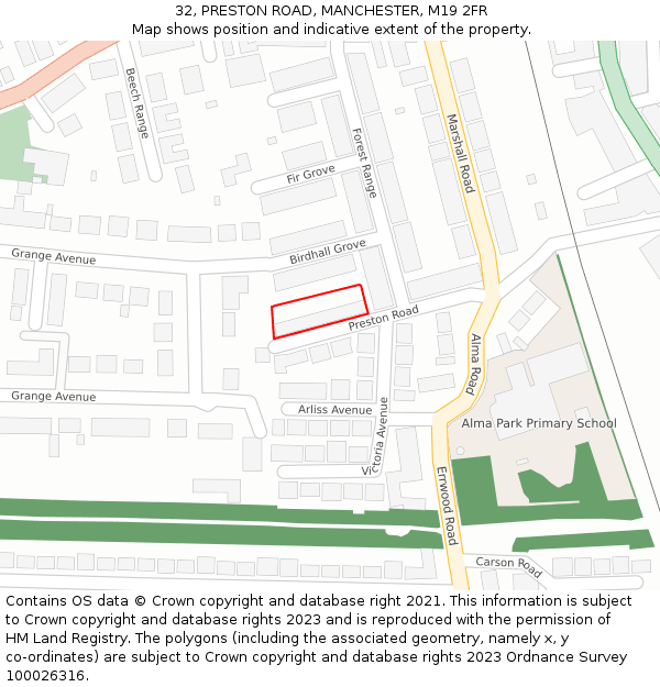 32, PRESTON ROAD, MANCHESTER, M19 2FR: Location map and indicative extent of plot