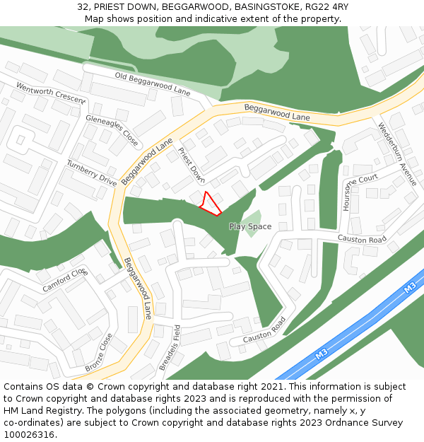 32, PRIEST DOWN, BEGGARWOOD, BASINGSTOKE, RG22 4RY: Location map and indicative extent of plot