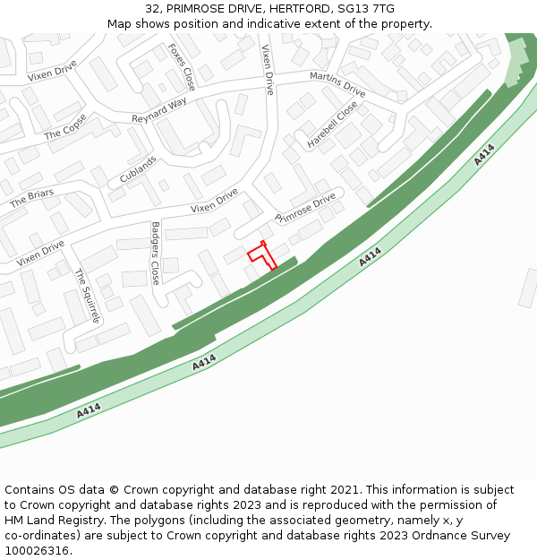 32, PRIMROSE DRIVE, HERTFORD, SG13 7TG: Location map and indicative extent of plot