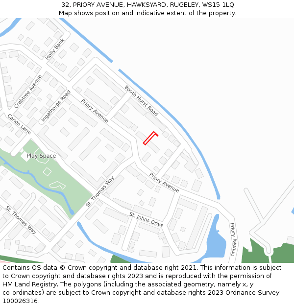 32, PRIORY AVENUE, HAWKSYARD, RUGELEY, WS15 1LQ: Location map and indicative extent of plot
