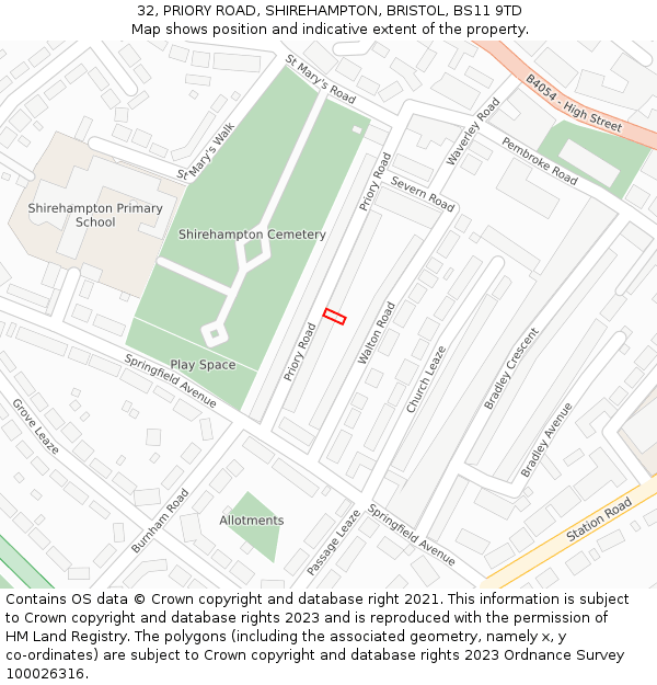 32, PRIORY ROAD, SHIREHAMPTON, BRISTOL, BS11 9TD: Location map and indicative extent of plot