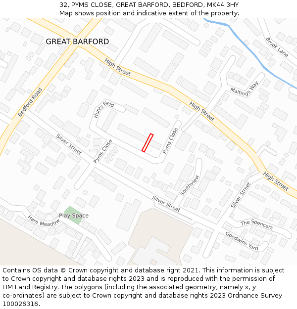 32, PYMS CLOSE, GREAT BARFORD, BEDFORD, MK44 3HY: Location map and indicative extent of plot