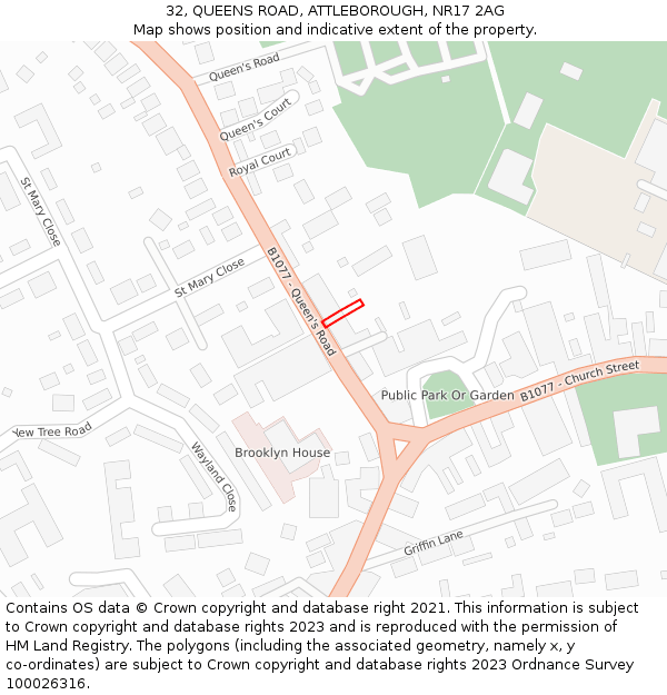 32, QUEENS ROAD, ATTLEBOROUGH, NR17 2AG: Location map and indicative extent of plot