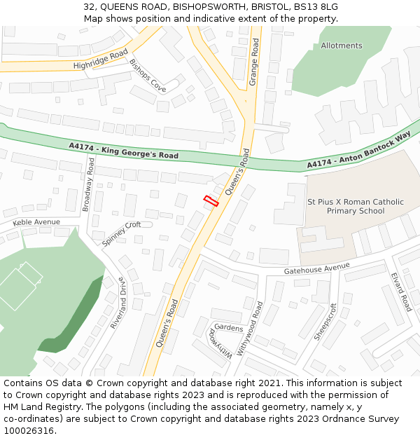 32, QUEENS ROAD, BISHOPSWORTH, BRISTOL, BS13 8LG: Location map and indicative extent of plot