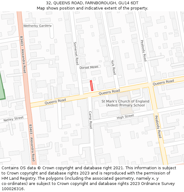 32, QUEENS ROAD, FARNBOROUGH, GU14 6DT: Location map and indicative extent of plot