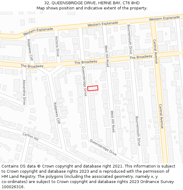 32, QUEENSBRIDGE DRIVE, HERNE BAY, CT6 8HD: Location map and indicative extent of plot