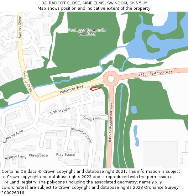 32, RADCOT CLOSE, NINE ELMS, SWINDON, SN5 5UY: Location map and indicative extent of plot