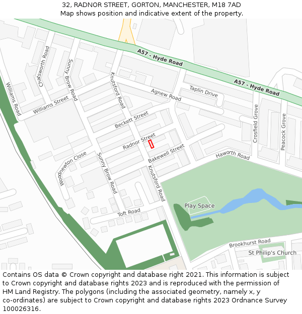 32, RADNOR STREET, GORTON, MANCHESTER, M18 7AD: Location map and indicative extent of plot
