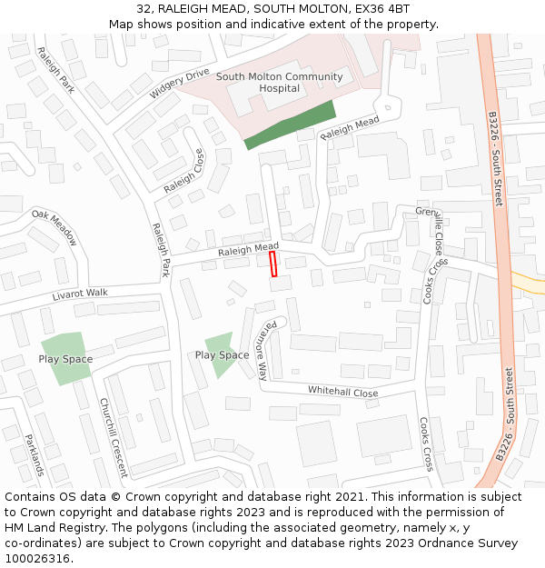 32, RALEIGH MEAD, SOUTH MOLTON, EX36 4BT: Location map and indicative extent of plot