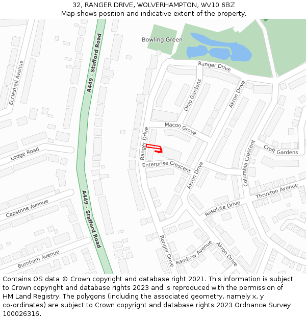 32, RANGER DRIVE, WOLVERHAMPTON, WV10 6BZ: Location map and indicative extent of plot