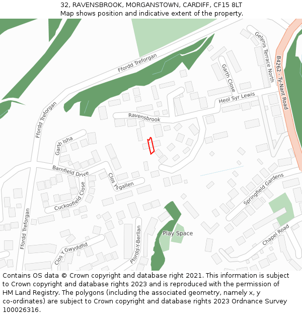 32, RAVENSBROOK, MORGANSTOWN, CARDIFF, CF15 8LT: Location map and indicative extent of plot