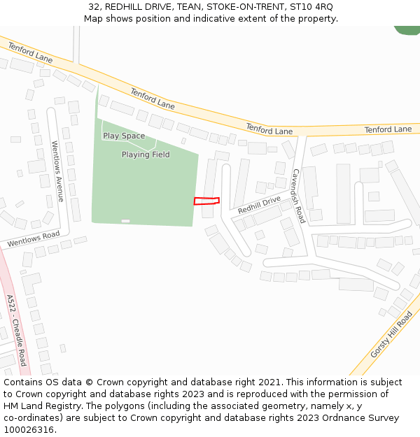 32, REDHILL DRIVE, TEAN, STOKE-ON-TRENT, ST10 4RQ: Location map and indicative extent of plot