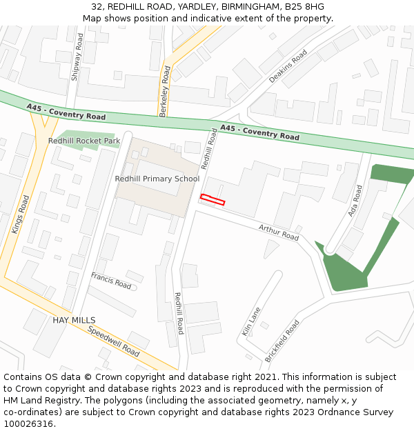 32, REDHILL ROAD, YARDLEY, BIRMINGHAM, B25 8HG: Location map and indicative extent of plot