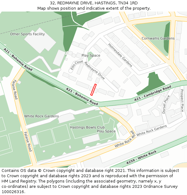 32, REDMAYNE DRIVE, HASTINGS, TN34 1RD: Location map and indicative extent of plot