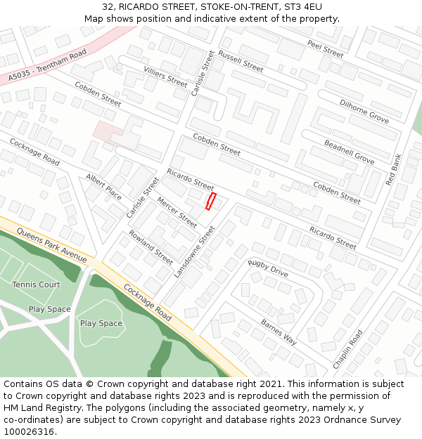 32, RICARDO STREET, STOKE-ON-TRENT, ST3 4EU: Location map and indicative extent of plot