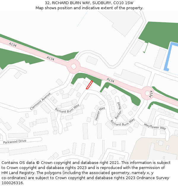 32, RICHARD BURN WAY, SUDBURY, CO10 1SW: Location map and indicative extent of plot