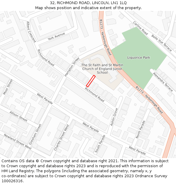 32, RICHMOND ROAD, LINCOLN, LN1 1LQ: Location map and indicative extent of plot