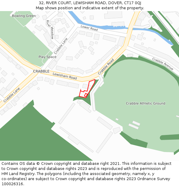 32, RIVER COURT, LEWISHAM ROAD, DOVER, CT17 0QJ: Location map and indicative extent of plot
