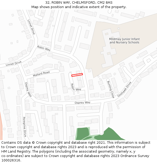 32, ROBIN WAY, CHELMSFORD, CM2 8AS: Location map and indicative extent of plot