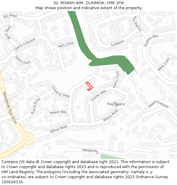 32, ROWAN WAY, DUNMOW, CM6 1PW: Location map and indicative extent of plot