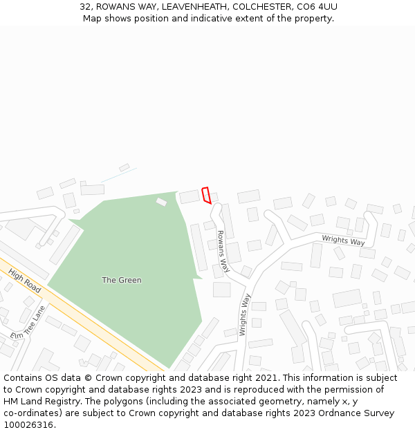 32, ROWANS WAY, LEAVENHEATH, COLCHESTER, CO6 4UU: Location map and indicative extent of plot