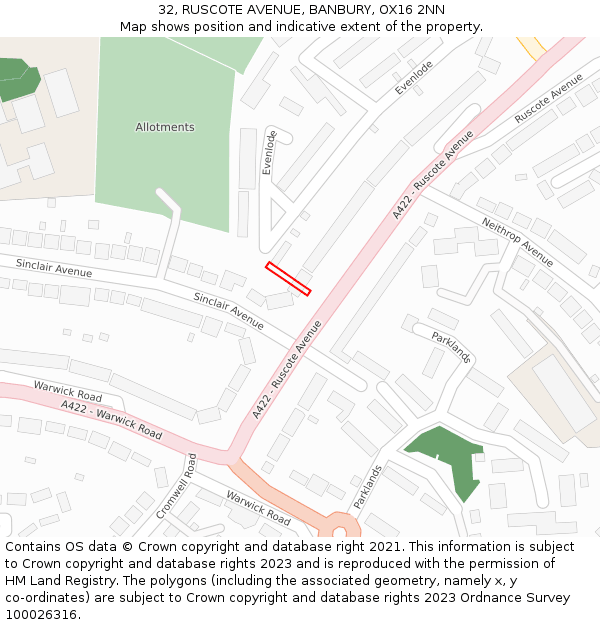 32, RUSCOTE AVENUE, BANBURY, OX16 2NN: Location map and indicative extent of plot
