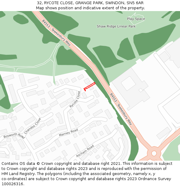 32, RYCOTE CLOSE, GRANGE PARK, SWINDON, SN5 6AR: Location map and indicative extent of plot