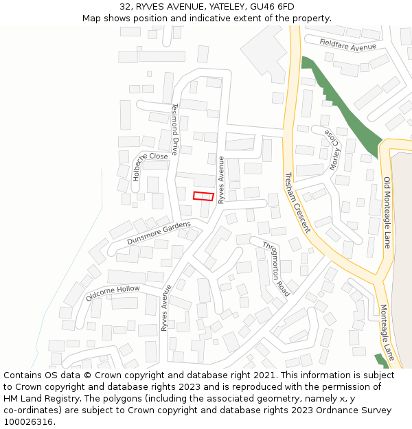 32, RYVES AVENUE, YATELEY, GU46 6FD: Location map and indicative extent of plot