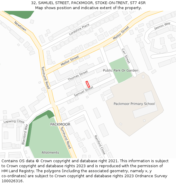 32, SAMUEL STREET, PACKMOOR, STOKE-ON-TRENT, ST7 4SR: Location map and indicative extent of plot