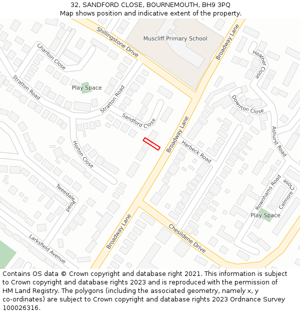 32, SANDFORD CLOSE, BOURNEMOUTH, BH9 3PQ: Location map and indicative extent of plot
