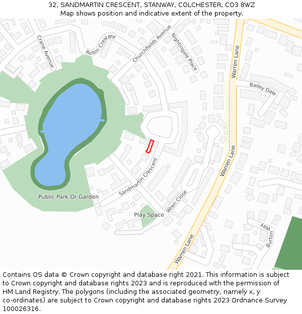 32, SANDMARTIN CRESCENT, STANWAY, COLCHESTER, CO3 8WZ: Location map and indicative extent of plot