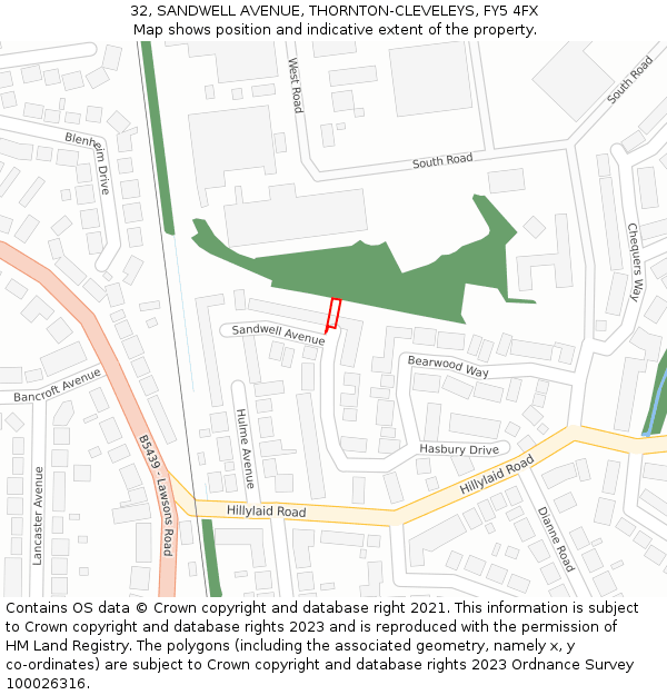 32, SANDWELL AVENUE, THORNTON-CLEVELEYS, FY5 4FX: Location map and indicative extent of plot
