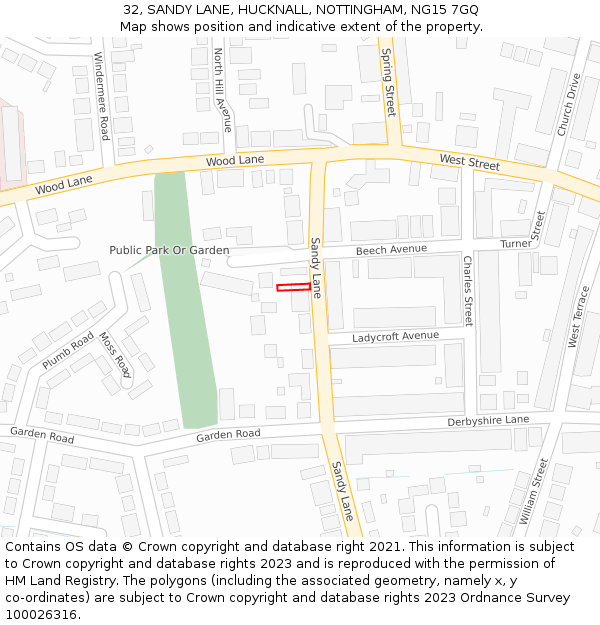32, SANDY LANE, HUCKNALL, NOTTINGHAM, NG15 7GQ: Location map and indicative extent of plot