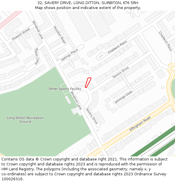 32, SAVERY DRIVE, LONG DITTON, SURBITON, KT6 5RH: Location map and indicative extent of plot