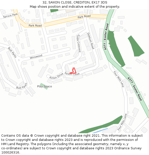 32, SAXON CLOSE, CREDITON, EX17 3DS: Location map and indicative extent of plot