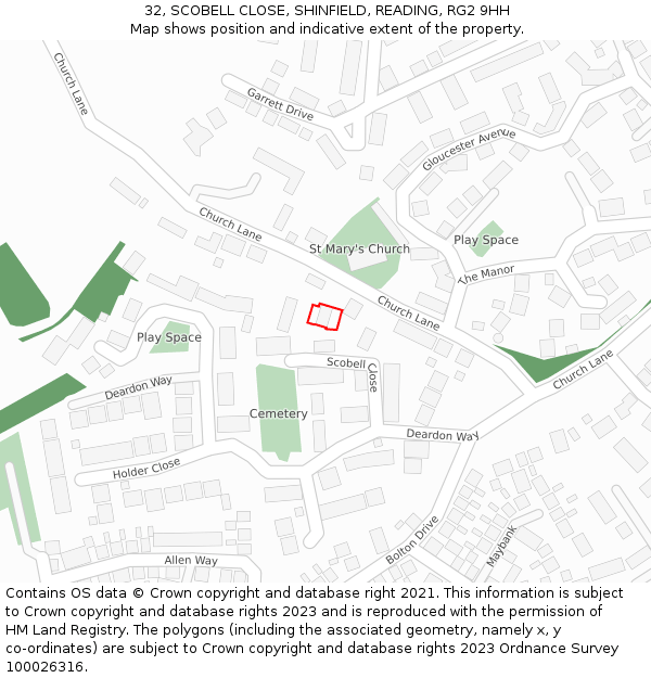 32, SCOBELL CLOSE, SHINFIELD, READING, RG2 9HH: Location map and indicative extent of plot